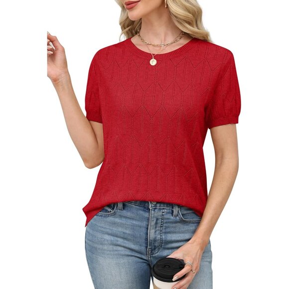 Women Short Sleeve Red Sweater Round Neck Summer Work Beach Vacation Top - Picture 3 of 5